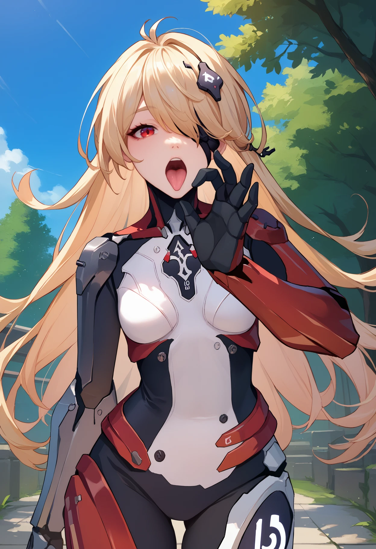 score_9, score_8_up, score_7_up, source_anime, <break> solo, 1girl, tofn3mesis, mechanical arms, open mouth, tongue out, looking at you, standing, fellatio gesture, blonde hair, hair over one eye, hair ornament, red eyes, eyepatch, one eye covered, multicolored bodysuit, white bodysuit, outdoors
<segment:yolo-face_yolov8m.pt,0.4,0.5//cid=1>