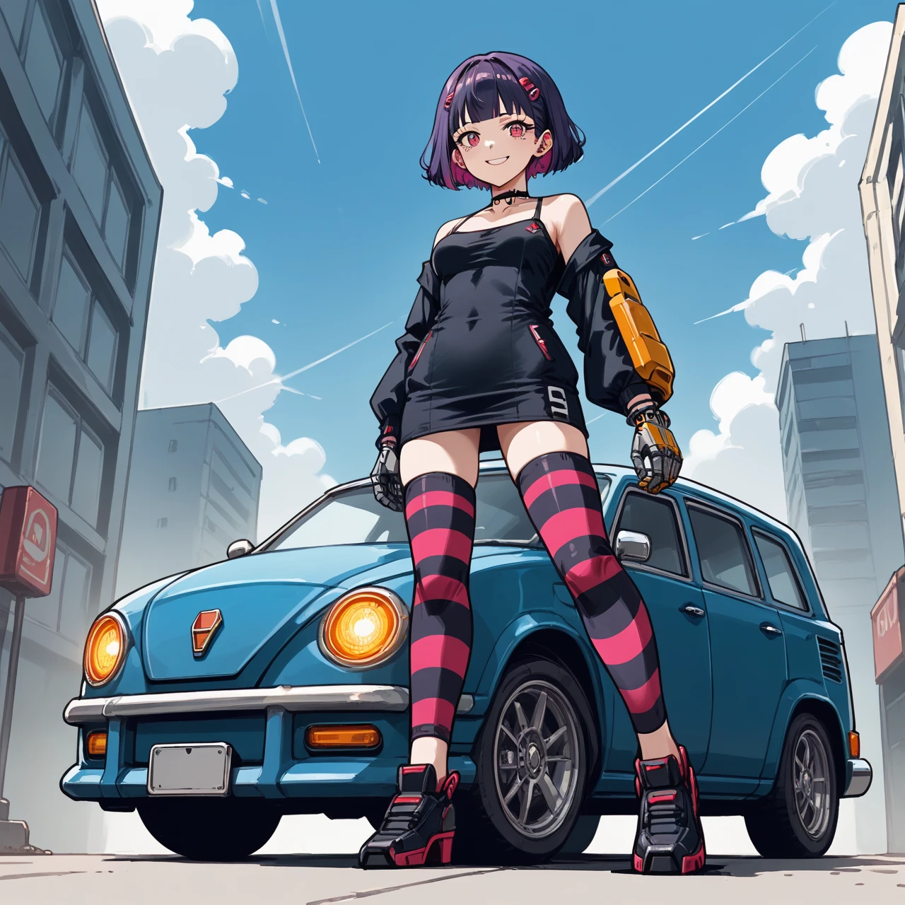 zPDXL3, score_9, score_8, score_7_up, source_anime, full body, rating_safe,

playful, smile, cozy, warm smile,

dark violet hair

short hair, curly hairstyle, punk hairstyle,

1girl, 1robot, teenage girl, short girl, slim, slender,  


short dress, colorful clothes ,

 sweet sweatshirt ,

 colorful stockings ,

 
(very low angle, from below, from bottom):32, ,

(mechanic arm, futuristic arm, signle robotic arm):32,

(Mecha, mech, gundam, robot):32, (futuristic robo-car, robotic car, mecha car, transformers, car from robot, robot from car):55,