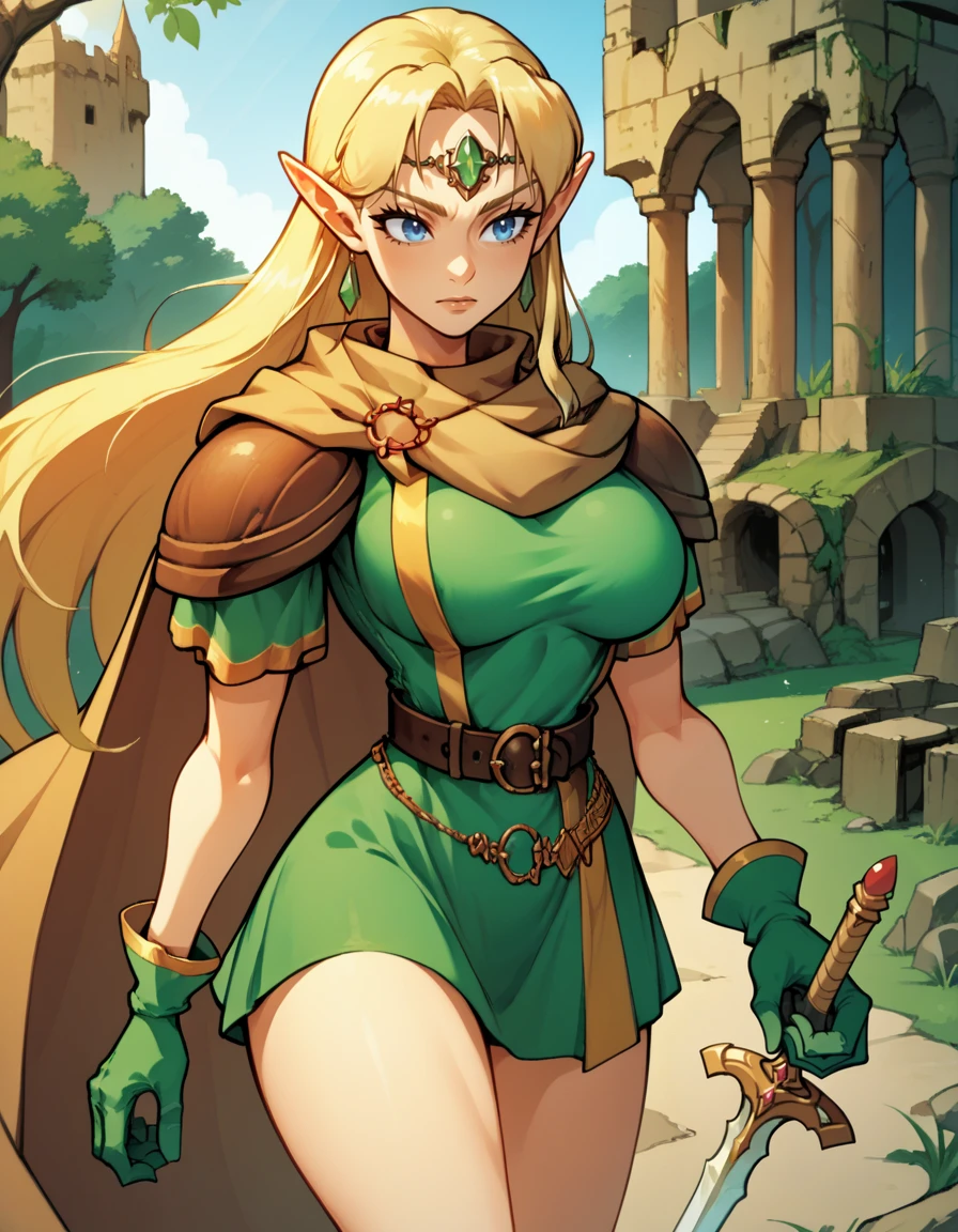 score_9, score_8_up, score_7_up,score_6_up, score_5_up, score_4_up ,
1girl, solo,
large breasts, 
luciadg,
long hair, blue eyes, blonde hair, pointy ears,
armor, circlet, pauldrons, cape, jewelry,   green gloves, belt, short dress,  green dress,
fighting stance, holding sword,
ruins, castle,  forest,
 <lora:Lucia Elf DnD PXL v01-000003:1>