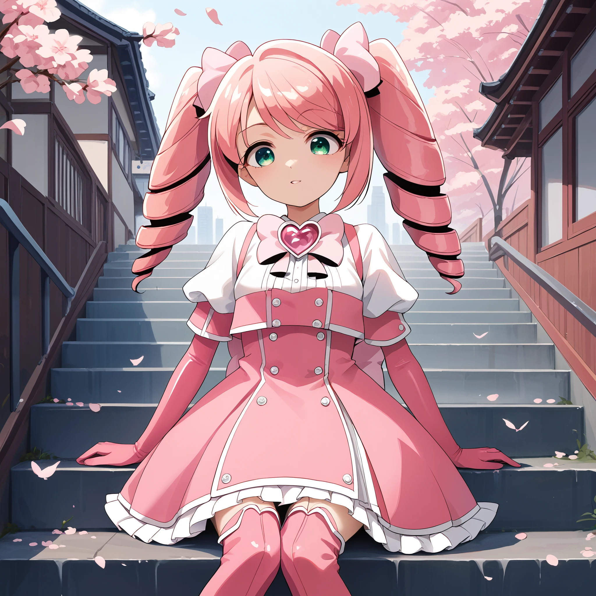 score_9, score_8_up, score_7_up, score_6_up, score_5_up, score_4_up, BREAK source_anime, look at viewer, rating_safe, 1girl, solo, city, cherry blossom, full body, sitting, on stairs,  masterpiece, best quality, high detailed skin,  hanabishi haruka, pink hair, drill hair, twin drills, long hair, green eyes, magical girl, pink hair bow, pink dress, pink bowtie, puffy short sleeves, white sleeves, elbow gloves, pink gloves, pink skirt, high-waist skirt, frilled skirt, pink thigh boots,