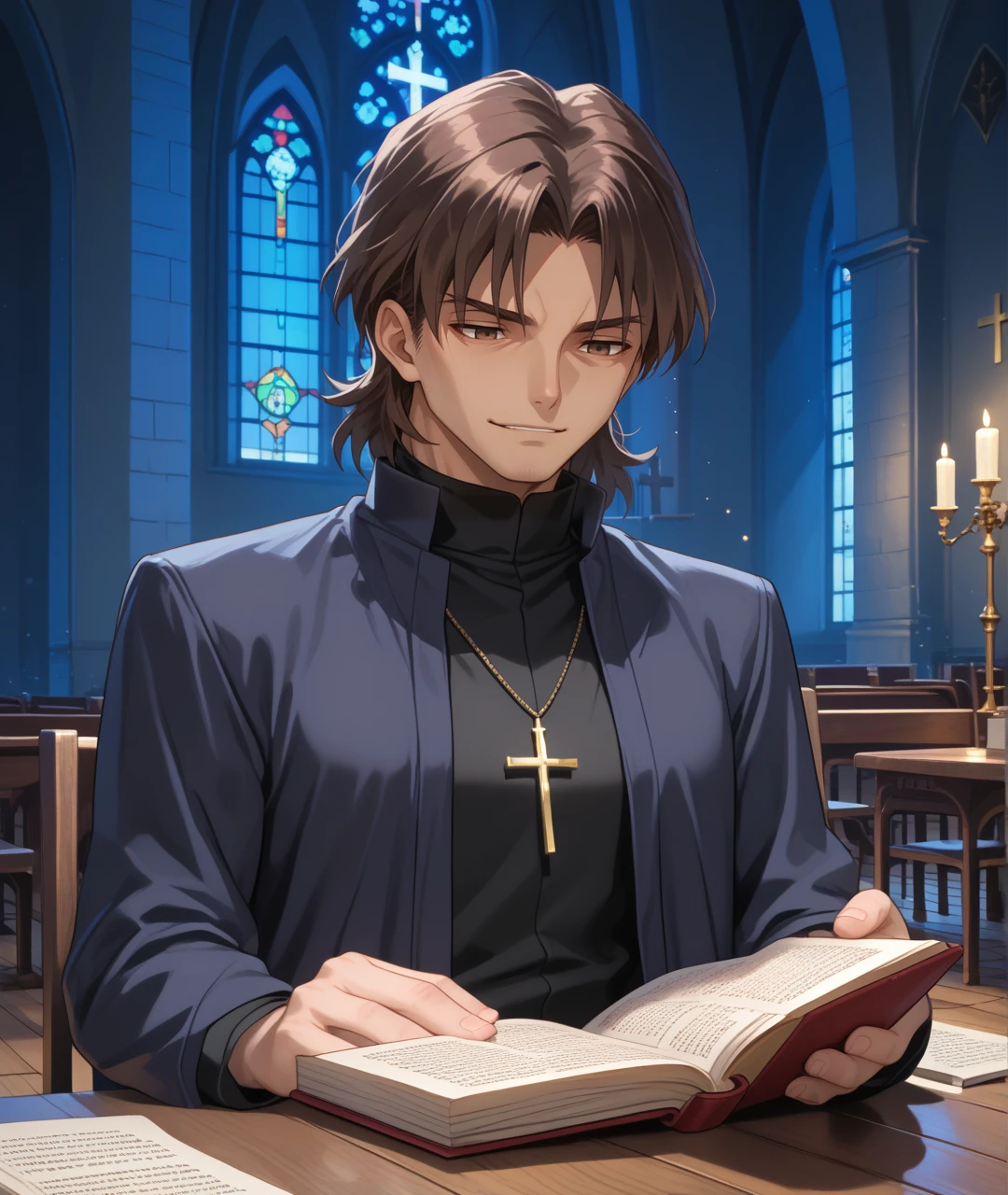 score_9, score_8_up, score_7_up, score_6_up, source_anime,church, indoors,dark, night, wooden floor, 
BREAK
kotominekirei, kotomine kirei, 1boy, brown hair, brown eyes,long coat,black shirt,cross necklace,  sunken cheeks, reading, holding book, smug, upper body, 
<lora:kireikotomine:0.8>