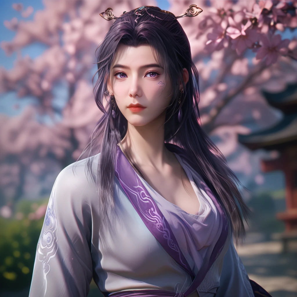 <lora:ponyyunxiao20v:0.8>,score_9,score_8,score_7_up,source_real,real skin BREAK yunxiao,medium_shot,looking at viewer,night,white and purple dress,peach blossom tree,