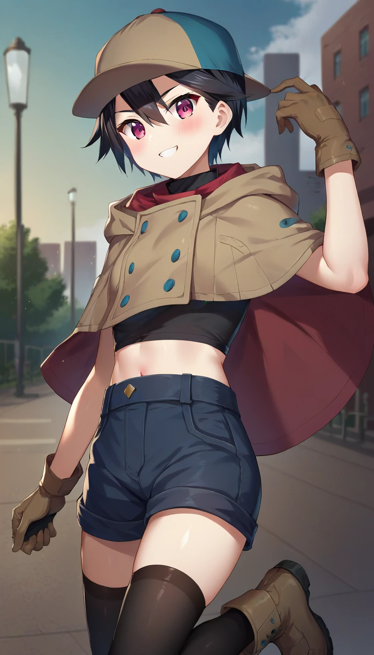 score_9,score_8_up,score_7_up,score_6_up BREAK official art,1girl,solo,outdoors,upper body,(portrait:1.5),looking at viewer,facing viewer,smile,blush,tomboy,Hijiriido Miyo,baseball cap,short hair,black hair,hair between eyes,hair between eyes,diagonal bangs,pink eyes,hood down,turtleneck,cloak,capelet,poncho,double-breasted,crop top,sleeveless shirt,black shirt,brown gloves,small breasts,black shorts,short shorts,zettai ryouiki,black thighhighs,ankle boots,<lora:Hijiriido Miyo(ii)-Pony:1.6>,