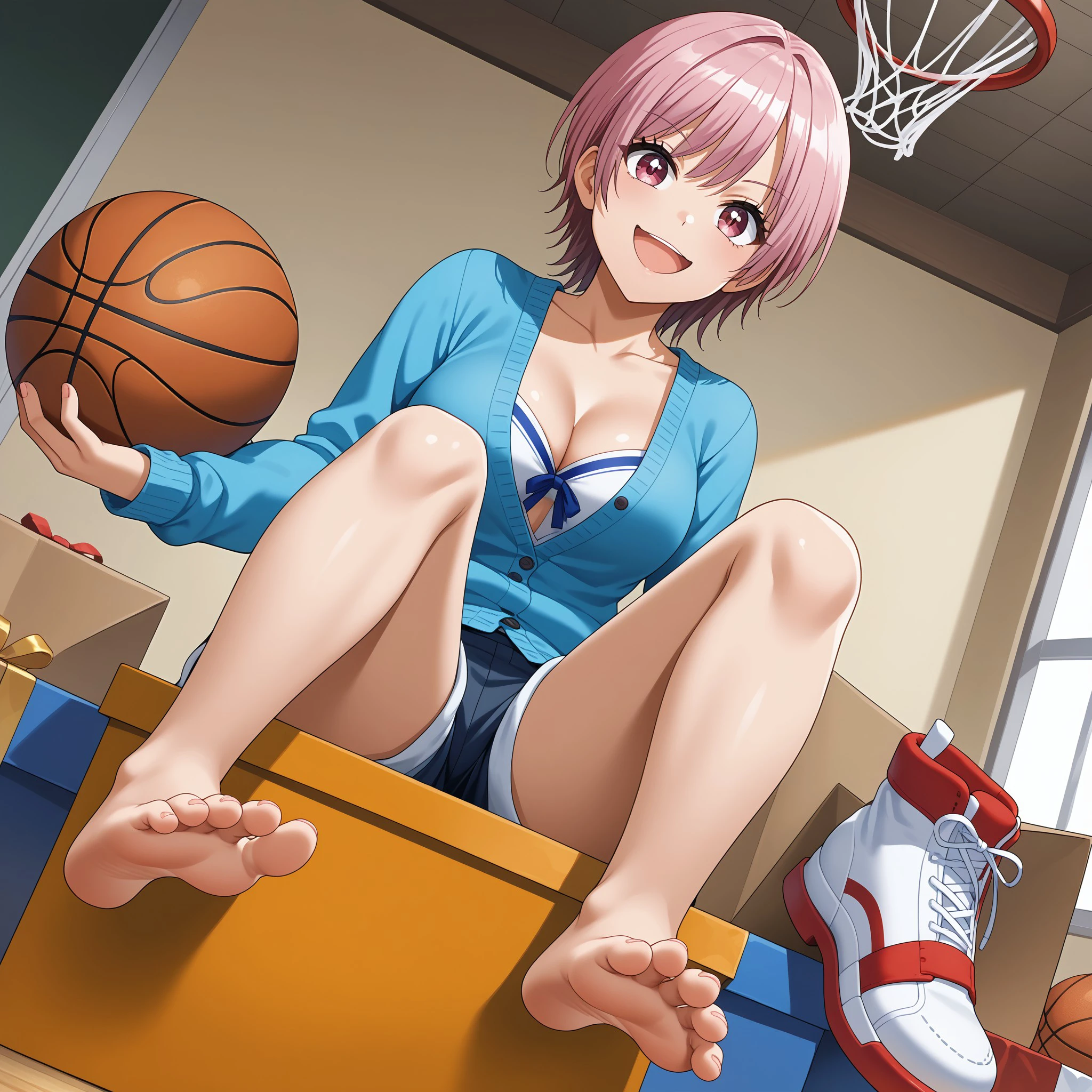 (masterpiece), best quality, expressive eyes, perfect face, barefoot, breasts, shorts, cleavage, smile, feet, box, toes, holding, indoors, sitting, open mouth, cardigan, looking at viewer, soles, collarbone, holding shoes, basketball, gift, dutch angle, shoes,weronika, <lora:9978bf9f-40d5-4498-a68a-63b306e8f0fc:0.7>
