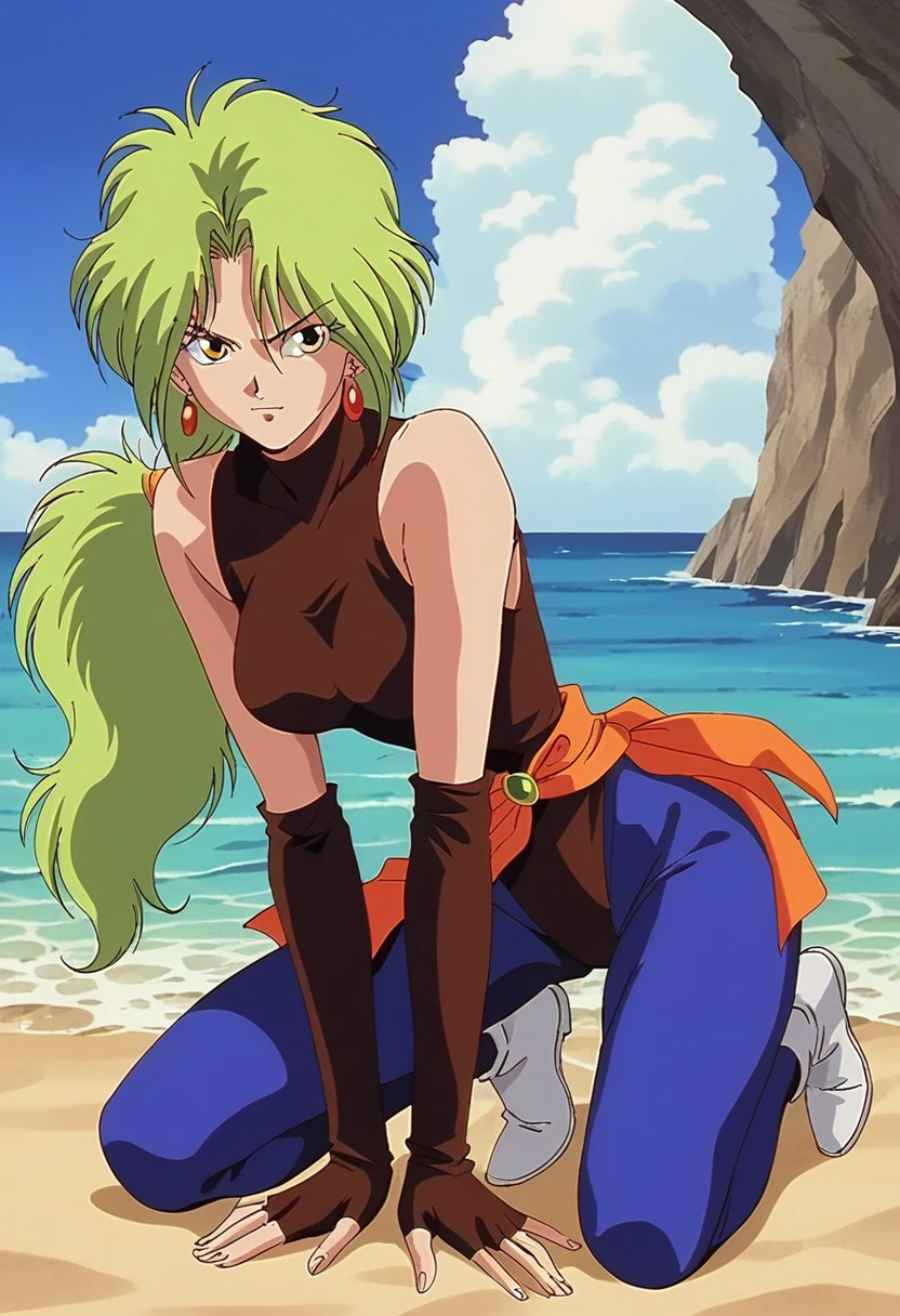 score_9, score_8, score_7, 1girl, solo, BREAK 

yyhkokou, long hair, red earrings, white footwear, light green hair, brown gloves, elbow gloves, brown leotard, (orange sash, green ornament), yellow eyes, 1990s \(style\), retro artstyle, blue legwear, sleeveless, fingerless gloves, low ponytail, black pupils, face focus, leaning forward, 

beach, ocean, kneeling, 
