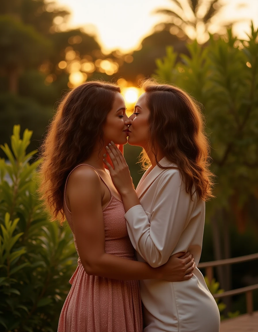 safe_pos,<lora:Lesbian Lovers (Flux):1>,two woman standing in a garden having a passionate french kiss on a warm summers day,