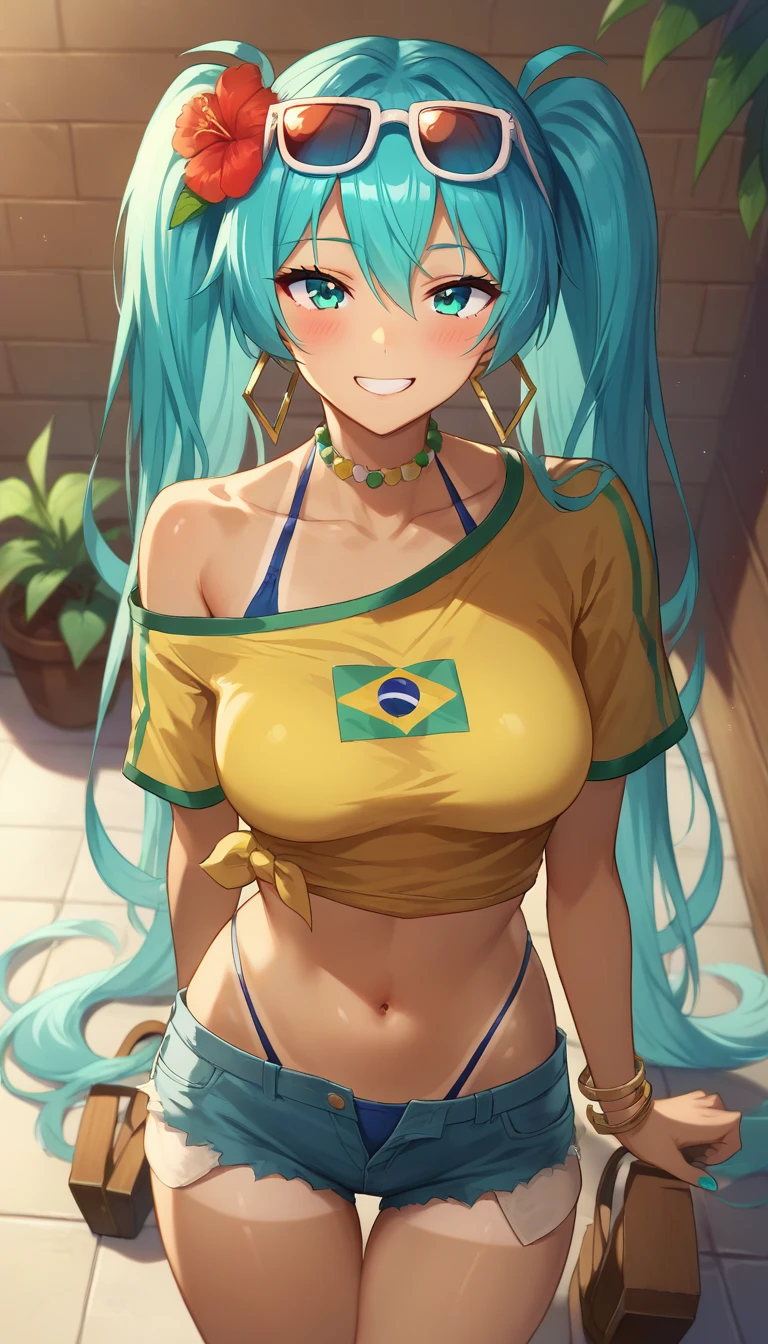 score_9,score_8_up,score_7_up,score_6_up BREAK official art,solo,outdoors,upper body,(portrait:1.5),looking at viewer,facing viewer,smile,blush,Brazilian Miku,hatsune miku,bikini tan,tanlines,shiny skin,very long hair,aqua hair,twintails,eyewear on head,sunglasses,hair ornament,hair flower,red flower,hibiscus,hoop earrings,parted bangs,hair between eyes,aqua eyes,collarbone,bead necklace,off-shoulder shirt,yellow shirt,short sleeves,halterneck,highleg bikini,string bikini,blue bikini,bikini under clothes,jewelry,bangle,aqua nails,medium breasts,crop top overhang,navel,denim shorts,short shorts,open fly,groin,thighs,thigh gap,sandals,<lora:Brazilian Miku(voc)-Pony:1.6>,