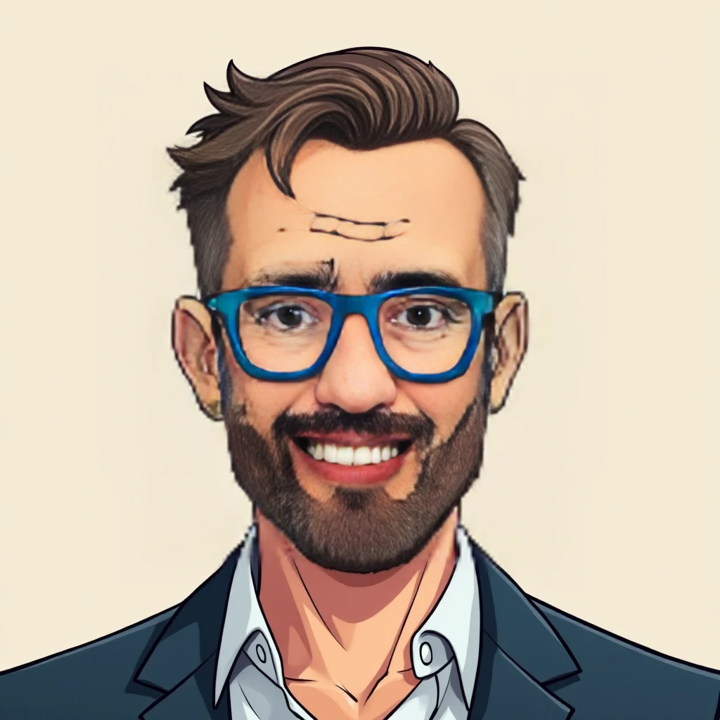 generate an anime style image of a 42 year old man with short hair, beard and mustache and blue glasses, 3x4 style photo