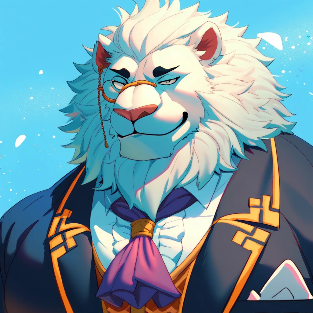An old lion, 60 years old, brown fur, gray mane, character sensei clothes.