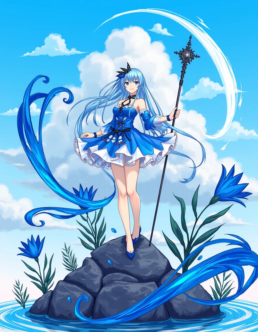 A painting of a woman with blue hair and a blue dress standing on a rocky surface with a blue sky in the background. She is holding a blue staff and surrounded by blue flowers. The woman is wearing a black and white mask and has a blue ribbon in her hair. The scene is composed with a sense of fantasy and whimsy, with the woman being the main focus of the image.The painting is in the style of gachaak and umesky.