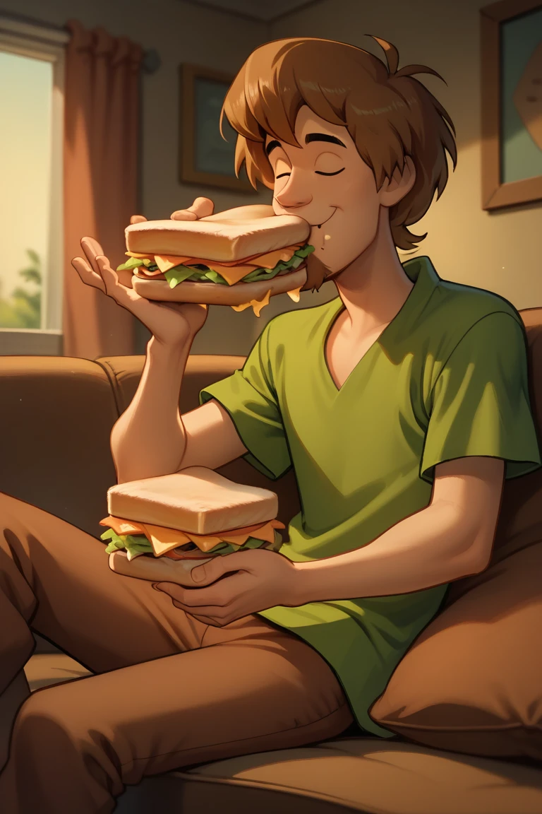 score_9, score_8_up, score_7_up, ShaggyRogers, 1boy, goatee, brown hair, brown pants, green shirt, solo, eating sandwich, sitting on couch, happy, indoors, cozy, warm lighting, day