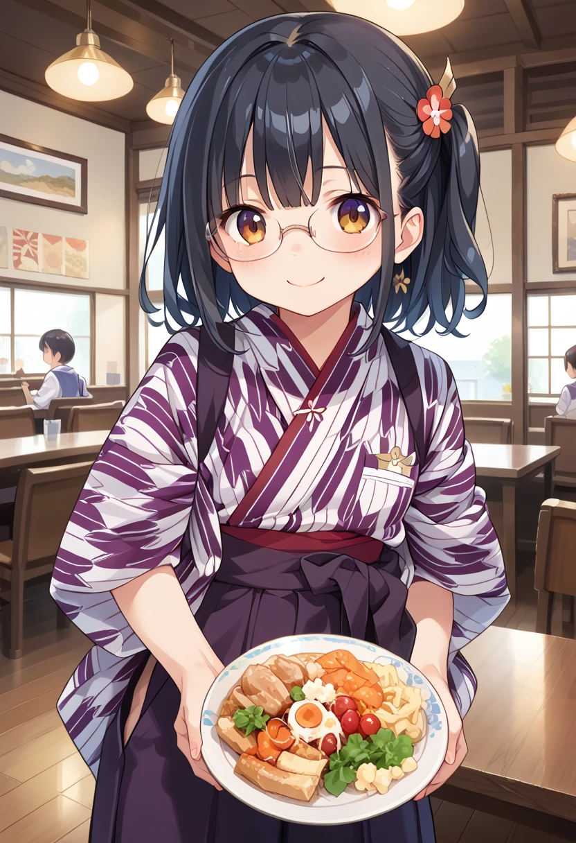 score_9, score_8_up, score_7_up, rating_safe, masterpiece, best quality, absurdres, unity 8k wallpaper, official art, official style, source_anime, uncensored, game cg, megami magazine,
BMC, yagasuri, japanese clothes, 1girl, solo, glasses, smile, waitress, hakama skirt, food, solo focus, real life insert, black hair, yagasuri, 
 <lora:basyamichi_PONY_V1:1>