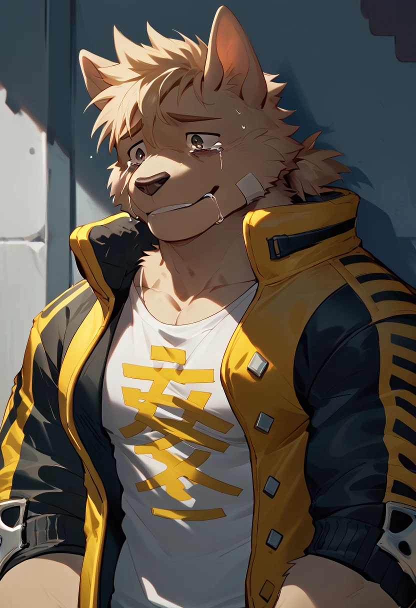 score_9, score_8_up, score_7_up, high quality, hires, 4K, solo, pr0t4g0n1st, dog_x_bloods, furry, short hair, jacket, muscular, pectorals, smile, crying, tears, hurt, <lora:Protagonist_DOG_X_BLOODS:1>