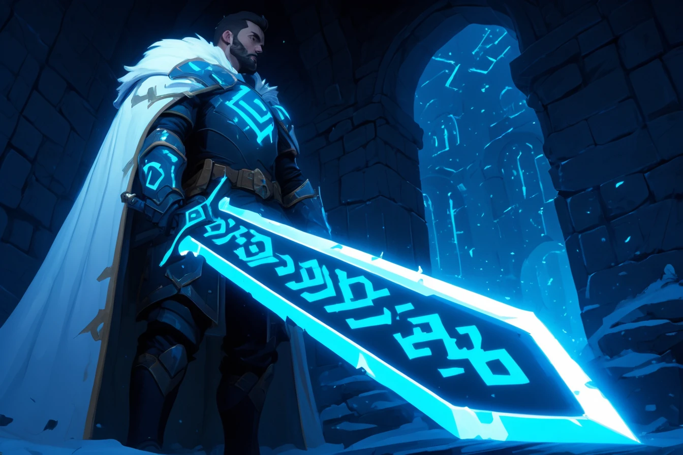 Low angle view of a fantasy male knight exploring some old ruins, wearing armor with blue glowing details and a winter cape, holding a sword, the blade is outlined in glowing and had glowing symbols along the blade, dungeon and rfunes in background, runesword, masterpiece, best quality, highly detailed, sharp focus, dynamic lighting