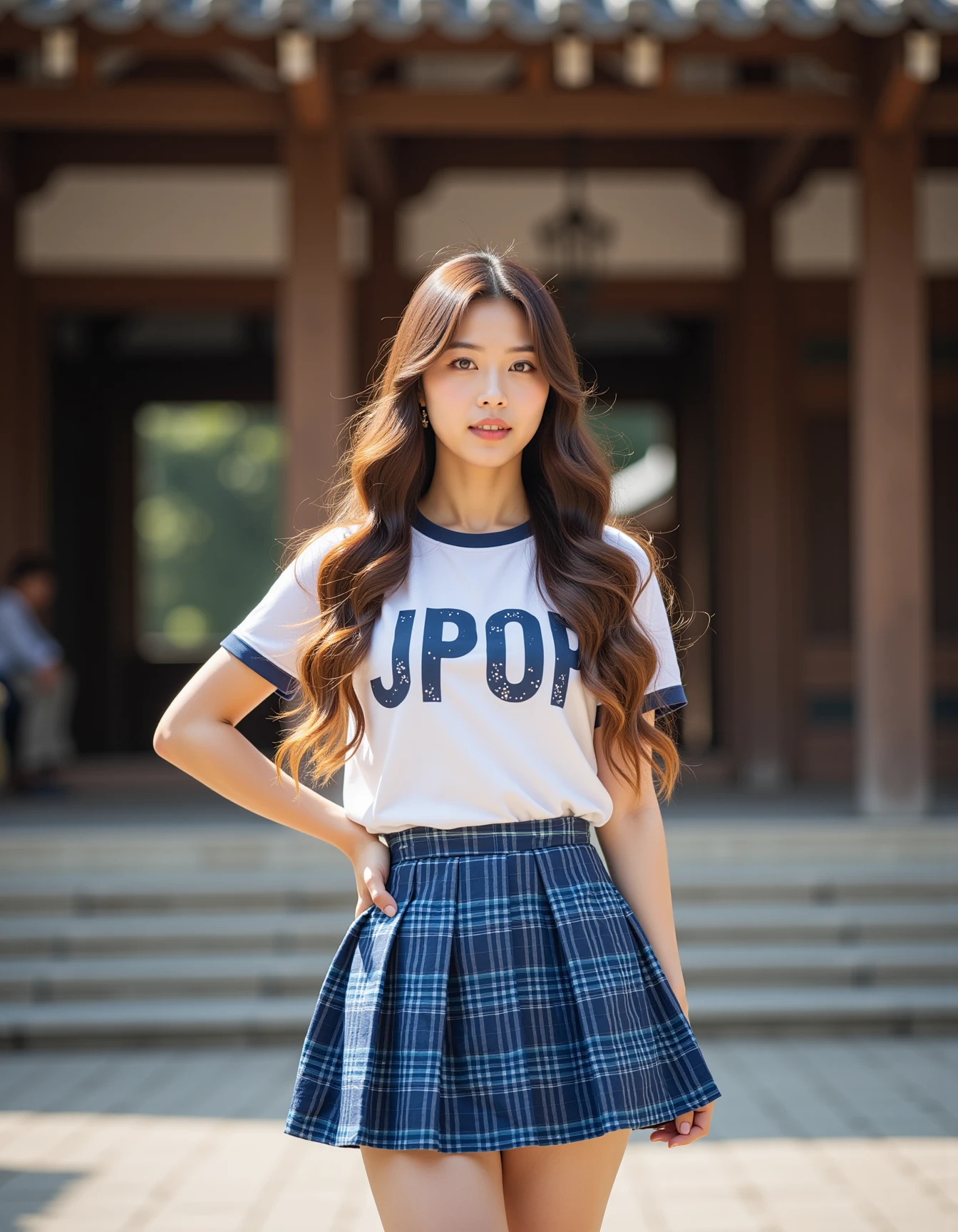 A photograph of an incredibly beautiful woman with long, stylish gradient brown hair, standing confidently at a street during daylight. She is wearing a shirt with "JPOP" boldly painted in large, readable lettering, making the message stand out clearly. Her outfit includes a blue plaid pleated mini skirt that adds a touch of youthful energy and vibrancy to her look, complementing the serene and historic backdrop of the temple. The natural light highlights her confident posture and elegant features, while the traditional architecture of the temple, with its wooden beams and intricate design, contrasts beautifully with her modern, stylish appearance. The atmosphere is serene, with the warm sunlight casting soft shadows and enhancing the overall balance between youthfulness and cultural heritage in the composition <lora:hinaFluxJPOPLokr_v1-rev3:0.9>