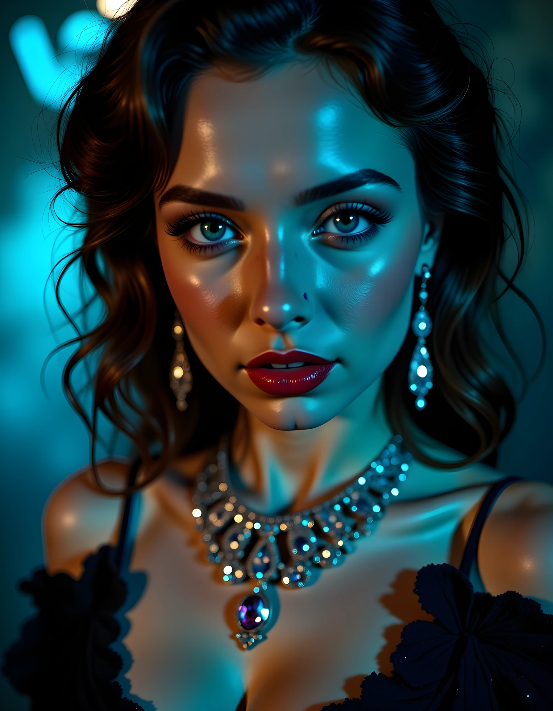 In a captivating noir-style setting, the ethereal D4N13LLA, with her striking blue eyes accentuated by dramatic eye makeup, is captured in a close-up shot. Her vibrant red lips are pursed slightly as if about to speak, and her freckles scatter across her nose and cheeks like constellations in a starry night sky. A single, intricate necklace adorned with sparkling gems rests delicately on her collarbone, casting a glimmering reflection against the dark, smoky background. The camera angles from below, emphasizing her piercing gaze that seems to bore into the soul of the viewer, as if she is speaking directly to them in an intimate and enigmatic conversation within the dimly lit, neon-lit alleyway, evoking a sense of mystery and allure.