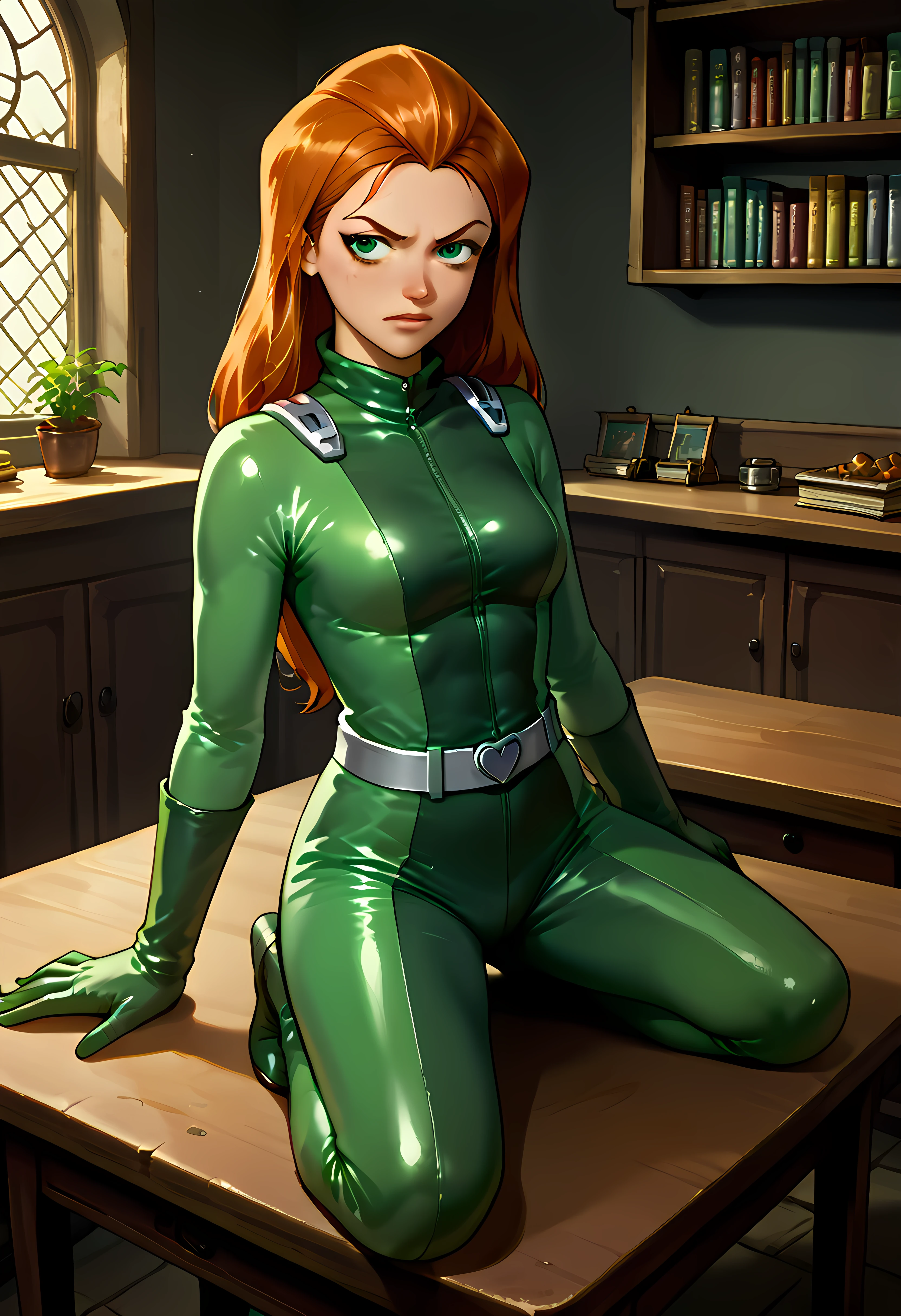 score_9, score_up_8, score_up_7, score_up_6,  <lora:brj-sam-ponyXL-v0.5:1> sam \(totally spies\), orange hair, long hair, green eyes,  || green bodysuit, belt kneeling on attic table,  <lora:KneelingOnTable_epoch_29:0.6>