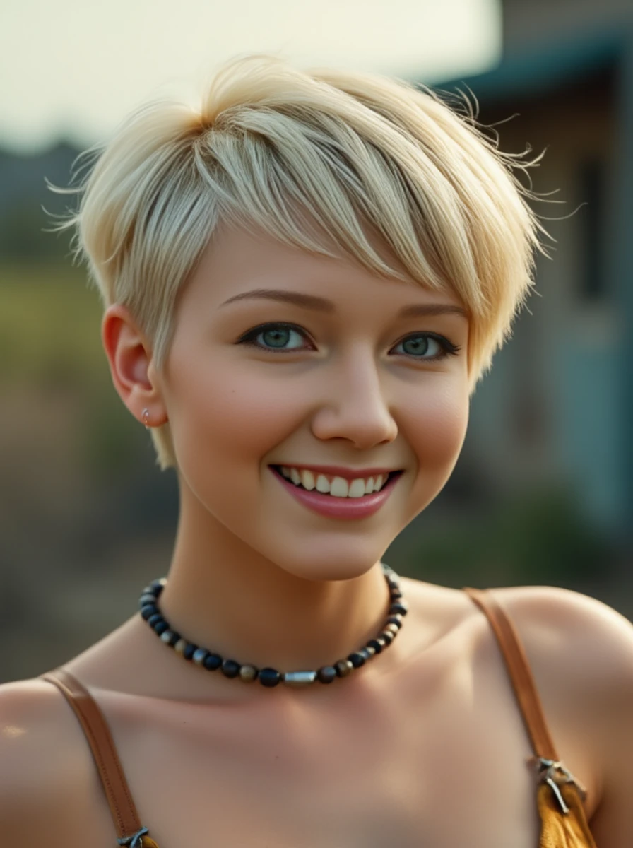 close up photo of a dressed woman  with happy, her blonde hair is styled in a short, edgy, and choppy cut, she is wearing __OutfirMovie__. Set outside. <lora:karadetroitv2-000016:1.3> k4r4d3droit