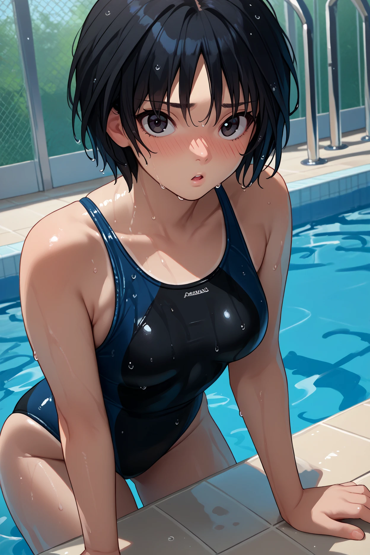 score_9, score_8_up, score_7_up, score_6_up, source_anime, 1girl, solo, <lora:ainanasaki-pdxl-nvwls-v1-000005:1> amagamiai, black hair, short hair, black eyes, black one-piece swimsuit, two-tone swimsuit, medium breasts, swimming pool, looking at you, wet skin, blush, chestnut mouth