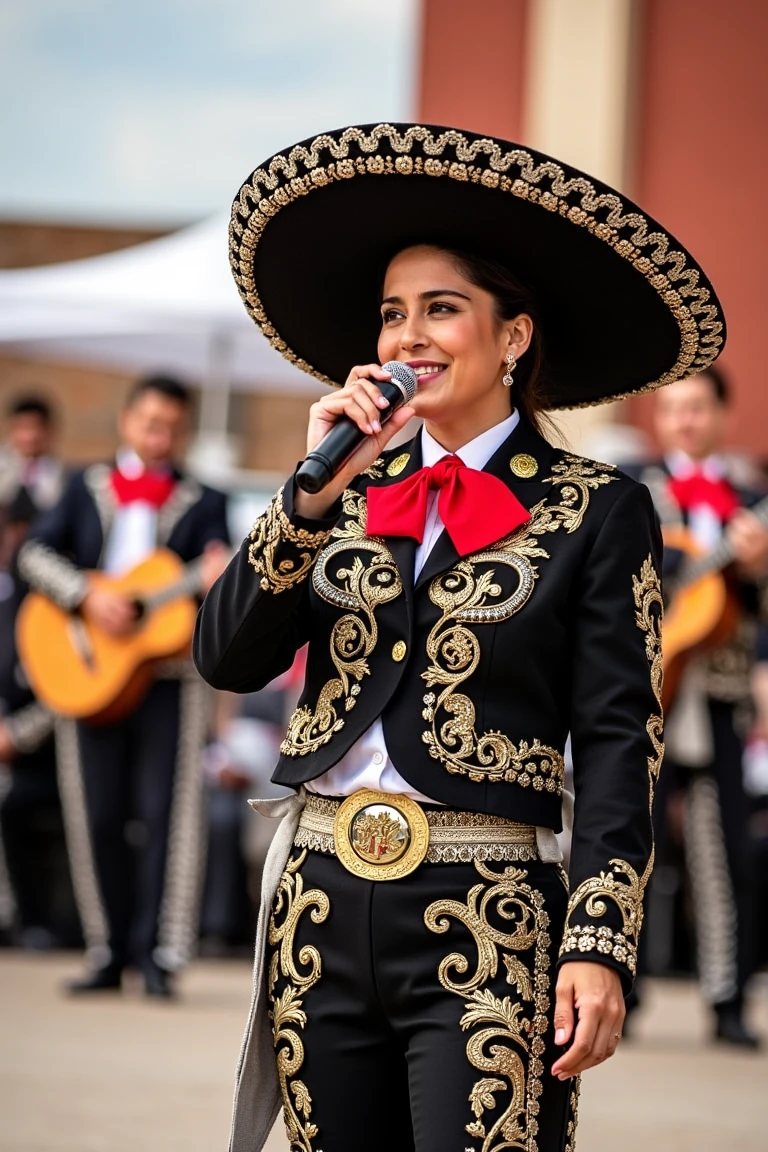 Ana Claudia Talancon wearing a mariachi woman suit with a mariachi hat and holding a microphone, standing in the middle of a town Zocalo, singing mariachi songs. A mariachi band plays in the background, creating a lively and vibrant atmosphere. The scene is bathed in warm, natural light, highlighting her authentic attire and passionate performance. Ana Claudia's pose captures the essence of a spirited and engaging musical moment, embodying the rich cultural heritage of mariachi music.