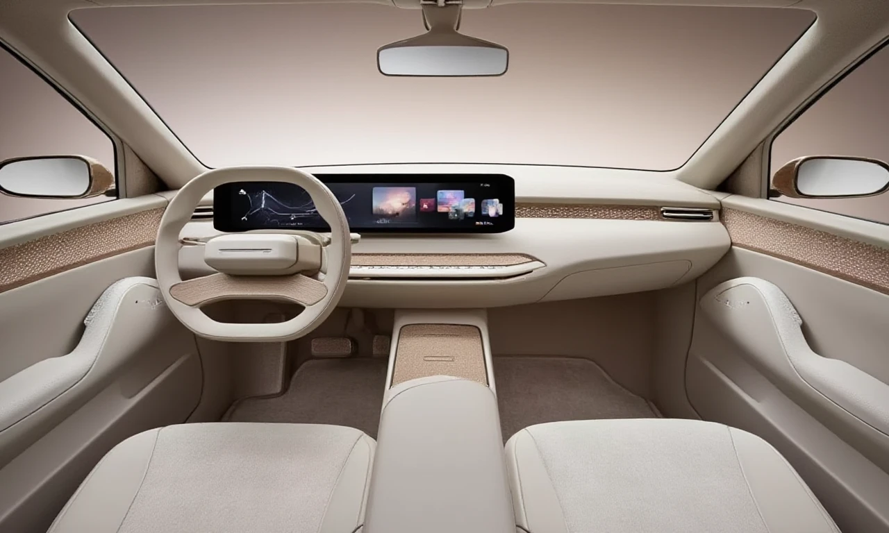 car ip, the image shows the interior of a car with a steering wheel, seats, Simplicity, Technology, a screen, Home, Comfortable, Light Luxury, Minimalist, a mirror, and other objects, it is likely that this image is related to kia's new concept car, which is set to be unveiled at the frankfurt motor show,, Future