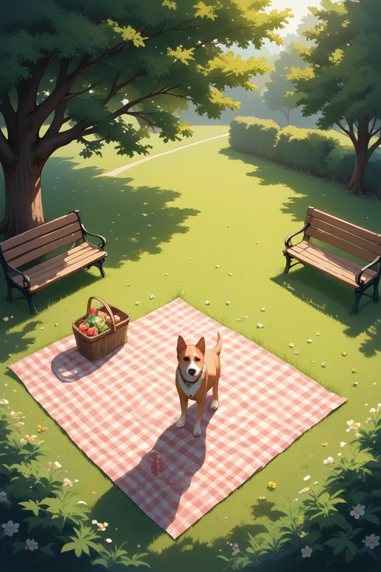 score_9, score_8_up, score_7_up, source_anime, rating_safe, natural lighting, outdoors-park focus, Park_picnic blanket, Park_picnic basket, brown_Park_bench, Park_tree, no humans, 1dog, flowers, intricately detailed illustration, Candipark, from above, negative space, Spring theme