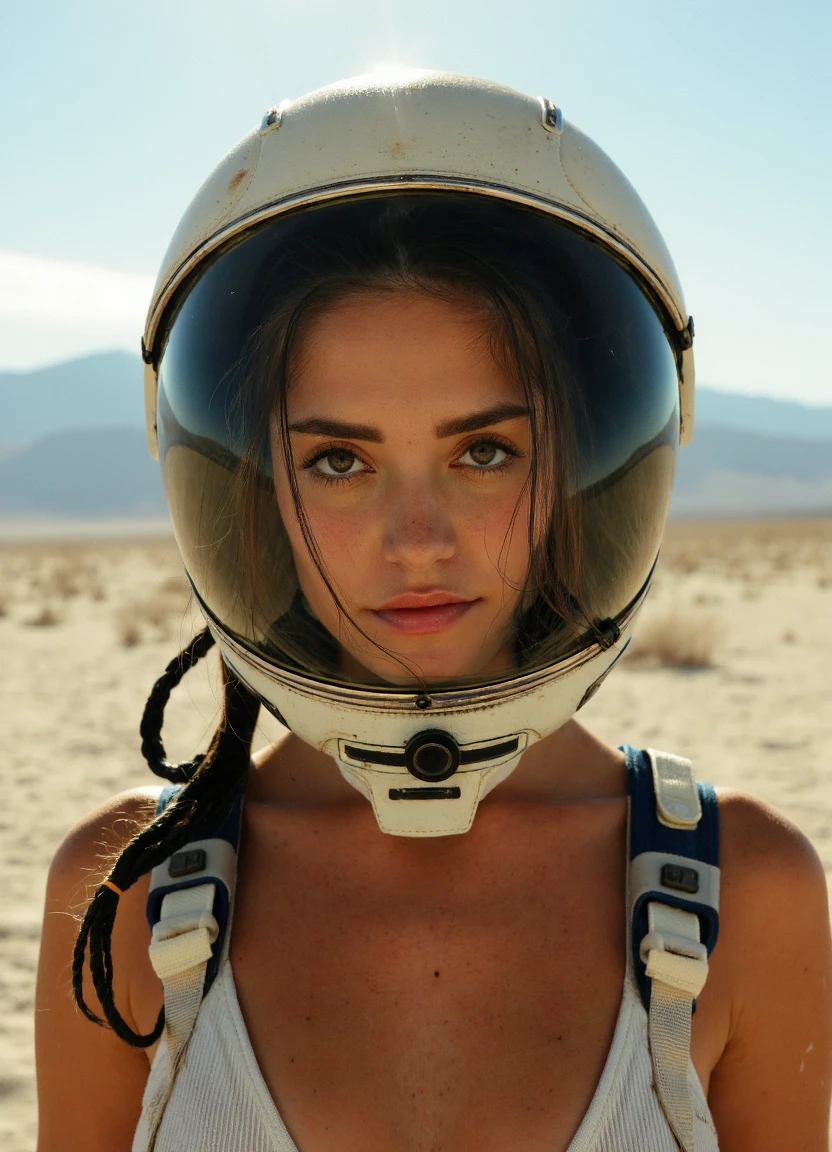 A close up portrait of a woman named 4m3l13. 
The vast desert landscape stretches endlessly, with distant mountains just visible on the horizon. 
Her lips curve downward into a sad frown, reflecting sorrow.
Her avant-garde makeup features bold, artistic designs and unconventional color schemes. 
She’s dressed in a full-blown astronaut suit with a helmet, ready for space exploration.  her outfit is sexy and revealing, showing her naked skin.
