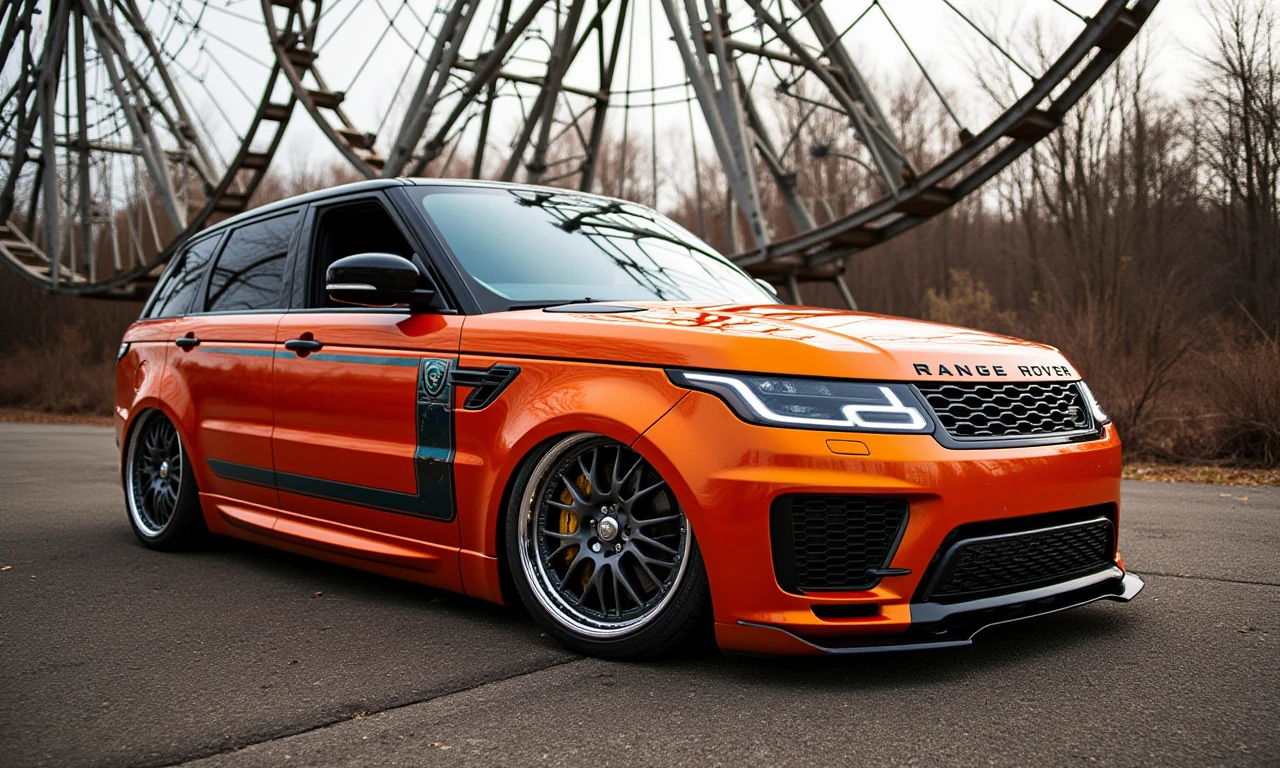 a photo of a 2024 Range Rover Sport Plug-in Hybrid,at the Abandoned Ferris Wheel â Nostalgic, slightly eerie with overgrown surroundings.,This is a highly detailed photo of a sleek, retro-style sports car. The car, painted in a vibrant fancy color with contrasting racing stripes running along the side, has a classic yet futuristic design. The front end features a large grille with a black background and white horizontal lines, flanked by headlights. The hood is smooth and curves into the car's sleek, aerodynamic body. The car's side profile showcases a distinct, muscular design with pronounced wheel arches and a low, wide stance. the car's chrome rims are oversized and intricate, adding to its flashy appearance.
 in the style of  <lora:Pimp my Ride - Flux1.D:1>