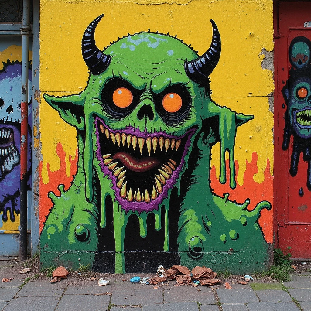 toxic street trash, street art, demon, toxic slime, radioactive waste