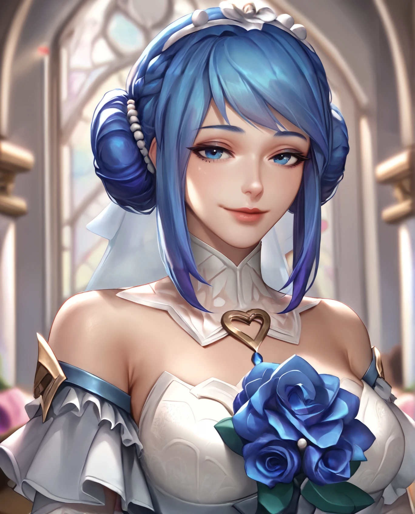 score_9, masterpiece, beautiful, gorgeous, perfect, league of legends, crystal rose, 1girl,
front view, upper body view, (smirk:0.8), (half closed eyes:0.8),
crsona, blue hair, blue eyes, hairbun, braid, bangs, hair ornament, detached collar, detached sleeves, white top,
chapel, church, indoors, perfect
<lora:Crystal_Rose_Sona_PonyXL:1>