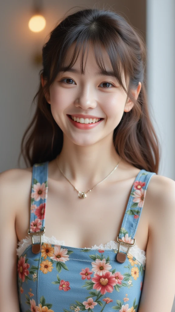 chinese girl smile,bangs,Deep chestnut hair, realistic photography,Small floral suspender,half body,