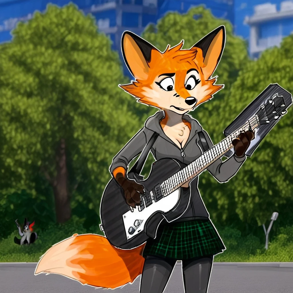 zipper, furry, guitar, green skirt, holding, drawing, fox ears, breasts, outdoors