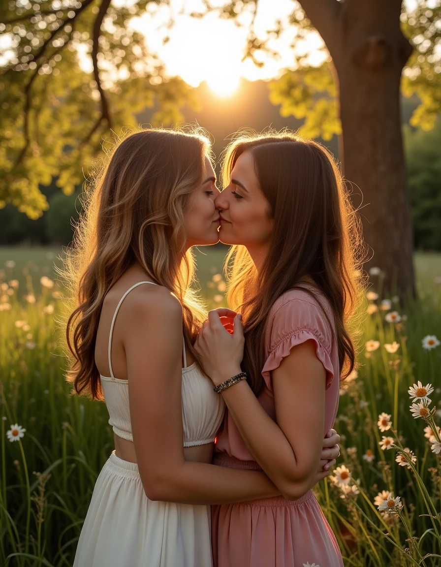 safe_pos,<lora:Lesbian Lovers (Flux):1>,two woman standing in a garden in a loving embrace on a warm summers day,