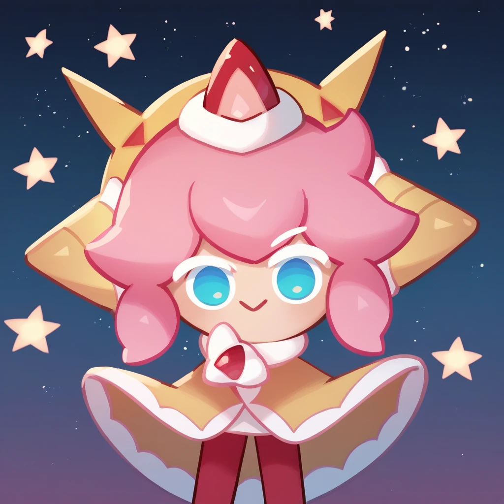 score_9_up, score_8_up, BREAK, StrawberryCrepeCookie, 1girl, solo, pink hair, blue eyes, crown, red legwear, cowboy shot,  <lora:StrawberryCrepeCookie_CookieRun_PXL_Leaf1:1>, starry background,