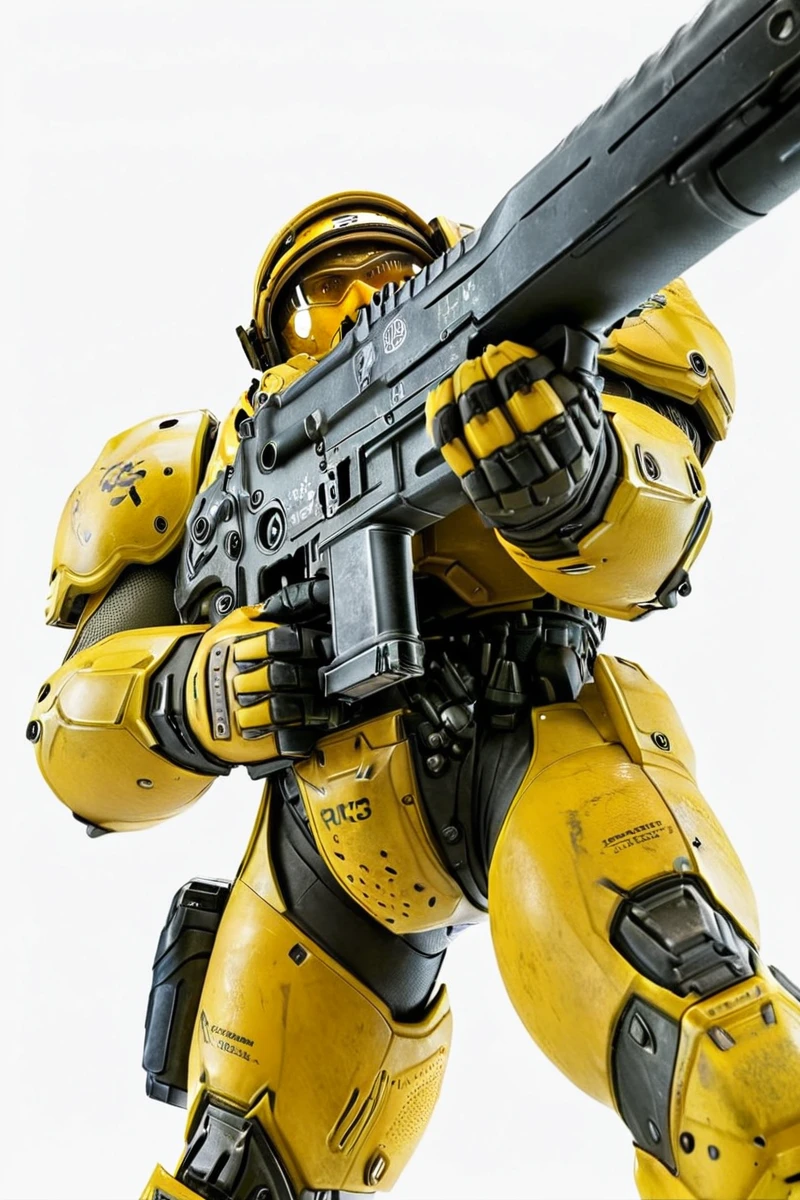 hires digital photo, photorealism, photo, simple white background, solo, upper body, wearing yellow t3rr@np@, holding C14_rifle, bayonet, LED display <lora:TerranMarineXL-000021:1>, intricate details, high resolution,