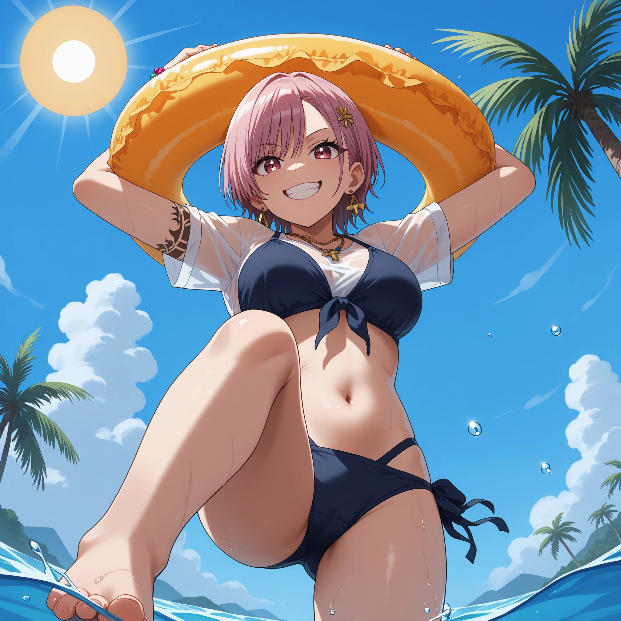 (masterpiece), best quality, expressive eyes, perfect face, swimsuit, jewelry, smile, palm tree, innertube, tree, bracelet, sky, bikini, outdoors, day, looking at viewer, water, breasts, grin, earrings, tattoo, cloud, blue sky, sun, see-through, hair ornament, barefoot, black bikini, from below, necklace, shirt, arms up, weronika, <lora:9978bf9f-40d5-4498-a68a-63b306e8f0fc:0.7>