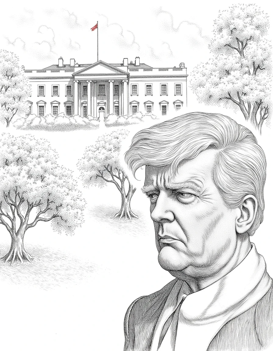 Highly detailed black and white ink drawing by Kentaro Miura, the image presents Donald Trump with an intense focus on his expressions. His hair, meticulously detailed. The bold strokes define the contours of his face, emphasizing his prominent features—his narrowed eyes and pursed lips suggest determination or defiance.

In the background, the iconic White House looms majestically, its classical architecture rendered with intricate lines and shading, casting deep shadows in the foreground. The building is surrounded by a sprawling, manicured lawn, where delicate outlines of trees sway gently, their leaves fluttering in an unseen breeze. The overall composition conveys a palpable tension, with Trump framed against this historic backdrop, creating a juxtaposition of power and vulnerability.