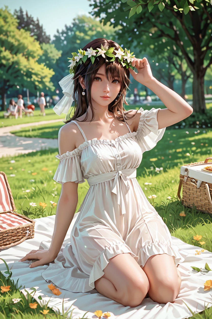 <lora:doa_misaki:0.9> misaki, white sundress, sheer dress, picnic, wreath, park, score_9, score_8_up, score_7_up, zPDXL3, rating_questionable