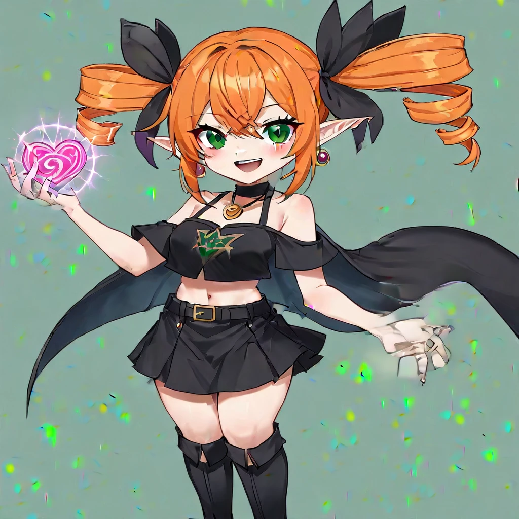 shorstack, choker, navel, smile, twin drills, earrings, black skirt, skirt, boots, pointy ears, 1girl, solo, drill hair, jewelry, green eyes, orange hair