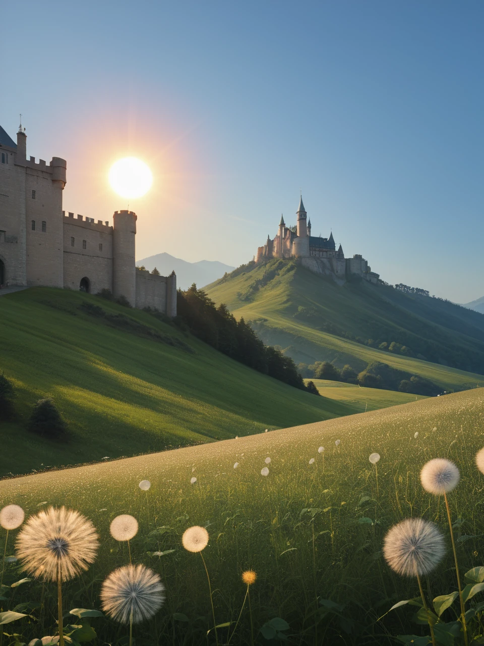 <lora:Pony dandelion-000001:0.9>,dandelion,
score_9,score_8_up,score_7_up,
This is a photographic print,a photo of a dandelion in a meadow,with the setting sun illuminating the edges of the dandelion. The castle and mountains are dimly visible in the distance,from below,close-up,