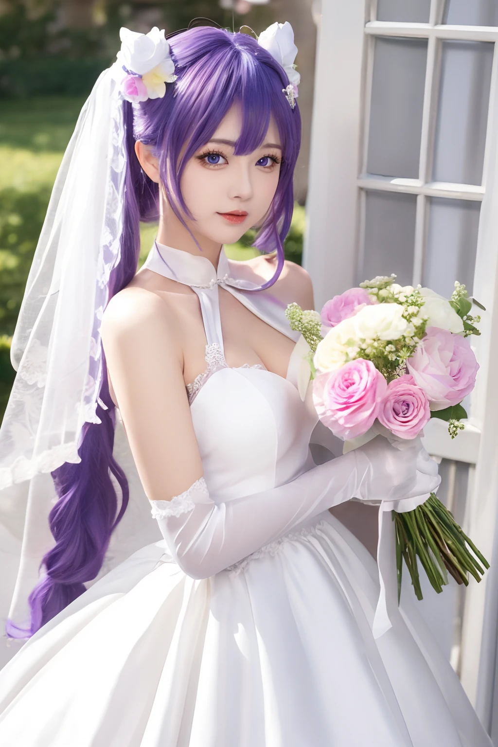 young woman,asian,cosplay,dress,white dress,bouquet,keqing \(genshin impact\),solo,purple hair,gloves,purple eyes,wedding dress,cone hair bun,long hair,thighhighs,flower,hair bun,white gloves,hair ornament,bridal veil,looking at viewer,elbow gloves,bride,veil,realistic,white thighhighs,holding bouquet,double bun,holding,twintails,hair flower,