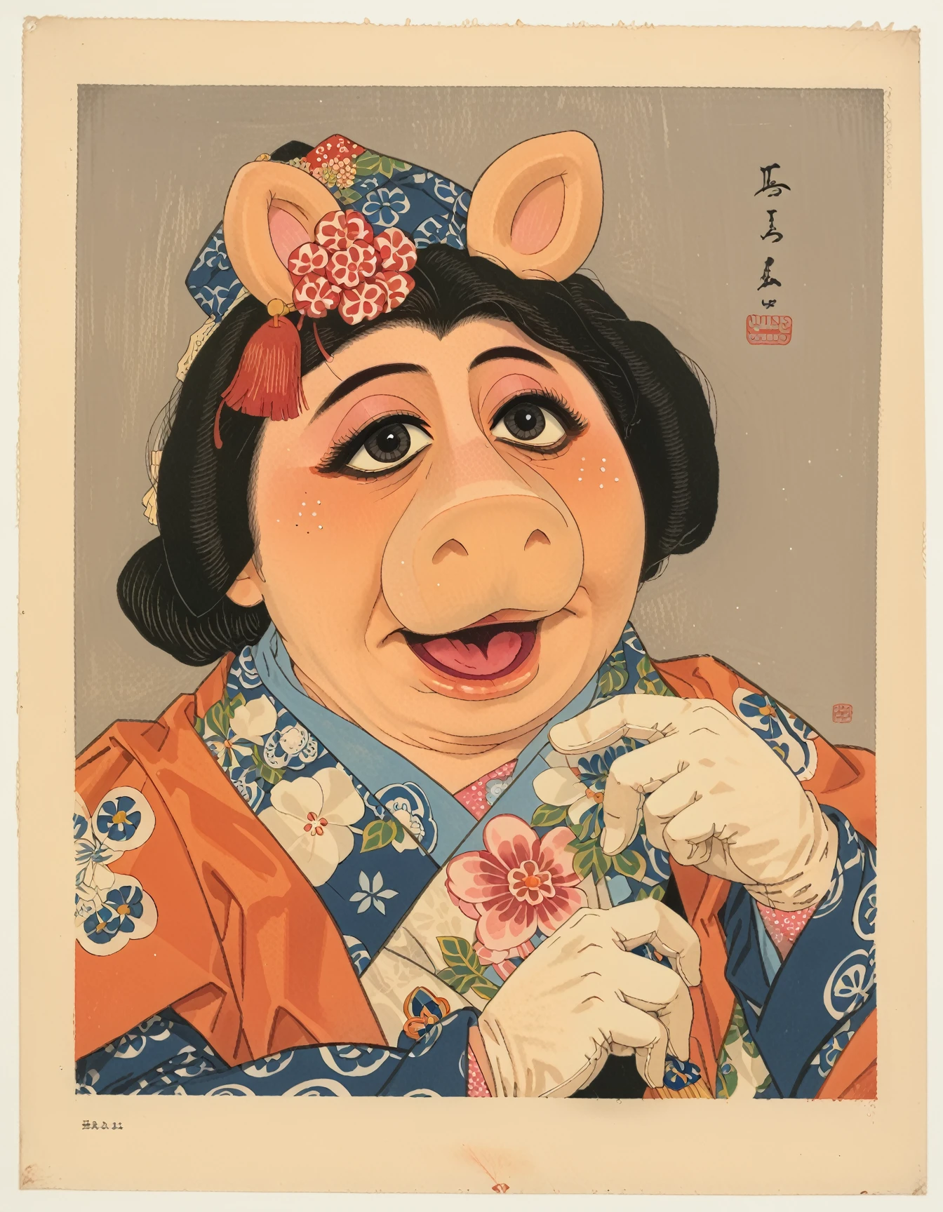 <lora:natori-shunsen_pony_v6:1> ' miss piggy as ohan ' by shunsennatori in 1928, yakusha-e \(genre\), shin-hanga \(style\), the artwork is a japanese woodblock print depicting  <lora:Miss_Piggy_Pony:0.9> censored, gloves,, score_9, score_6_up, score_7_up