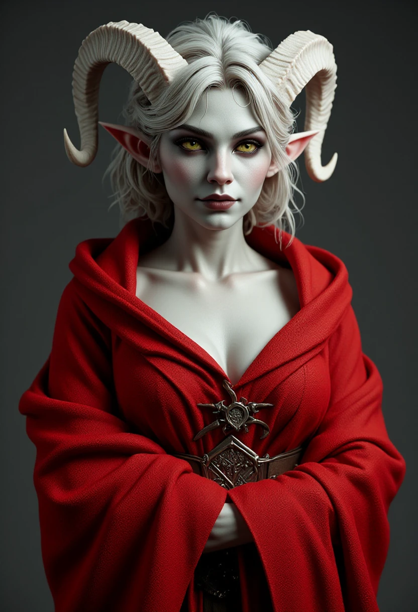 <lora:Tieflings_Flux:1> full body of a female fluxtief with white skin and green eyes, wearing a red robe closed with a silver clasp against her shoulder,