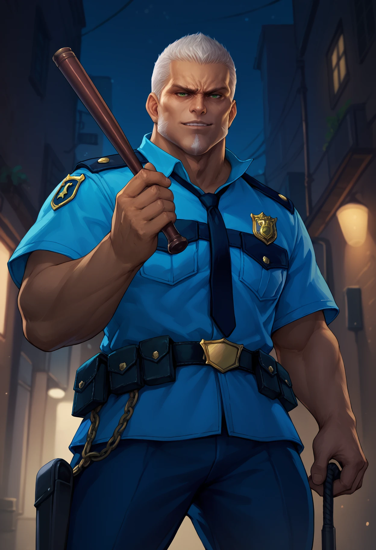 score_9, score_8_up, score_7_up, 1boy, hugokupka, dark-skinned male, mature male, green eyes, facial hair, beard, goatee, long sideburns, grey hair, very short hair, muscular male, photorealistic, 
policeman, police uniform, 
looking at viewer, smirk, serious, parted lips, holding baton \(weapon\), hand up, weapon over shoulder, pov, from below,
outdoors, city, alley, dark, night,
<lora:HugoKupka-PDXL_V1-Manityro-CAME:1.0>,