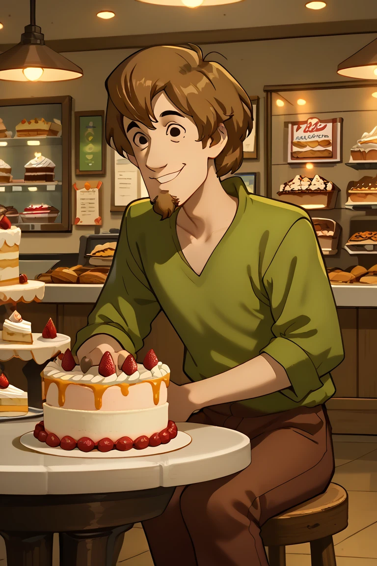 score_9, score_8_up, score_7_up, ShaggyRoggers, 1boy, goatee, brown hair, brown pants, green shirt, sitting, coofee shop, cake, table, smiling