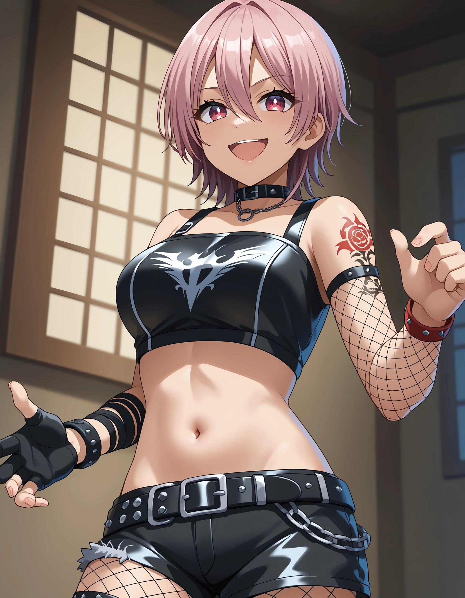 (masterpiece), best quality, expressive eyes, perfect face, breasts, navel, open mouth, smile, midriff, fishnets, looking at viewer, belt, tattoo, gloves, choker, bangs, single glove, crop top, jewelry, :d, hair between eyes, shorts, collar, weronika, <lora:9978bf9f-40d5-4498-a68a-63b306e8f0fc:0.7>