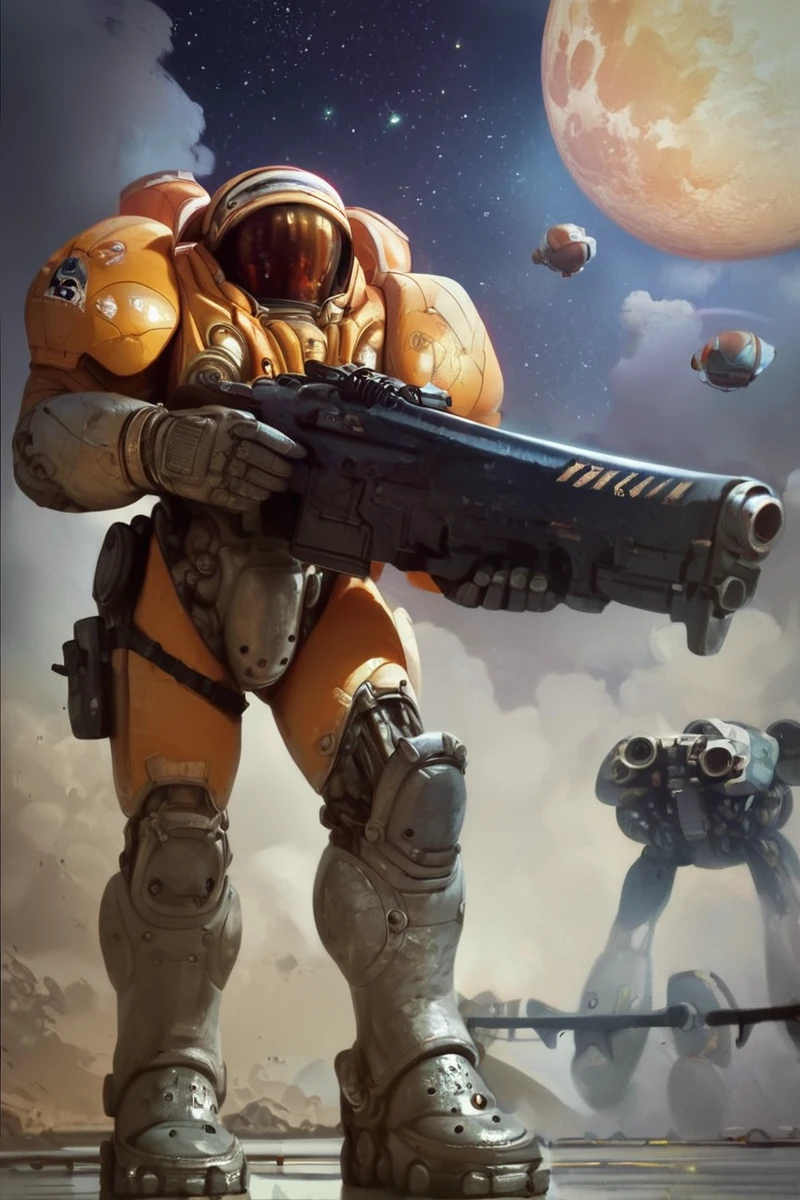 hires digital photo, photorealism, photo, simple grey background, full body, wearing orange t3rr@np@, holding c14 rifle two-handed, visor, lights, flag behind him, space, large moon <lora:TerranMarinePonyXL-000021:1>, PonyXL_Scores, intricate details, high resolution,, PonyXL_HQ, <lora:StS_detail_slider_v1:1>