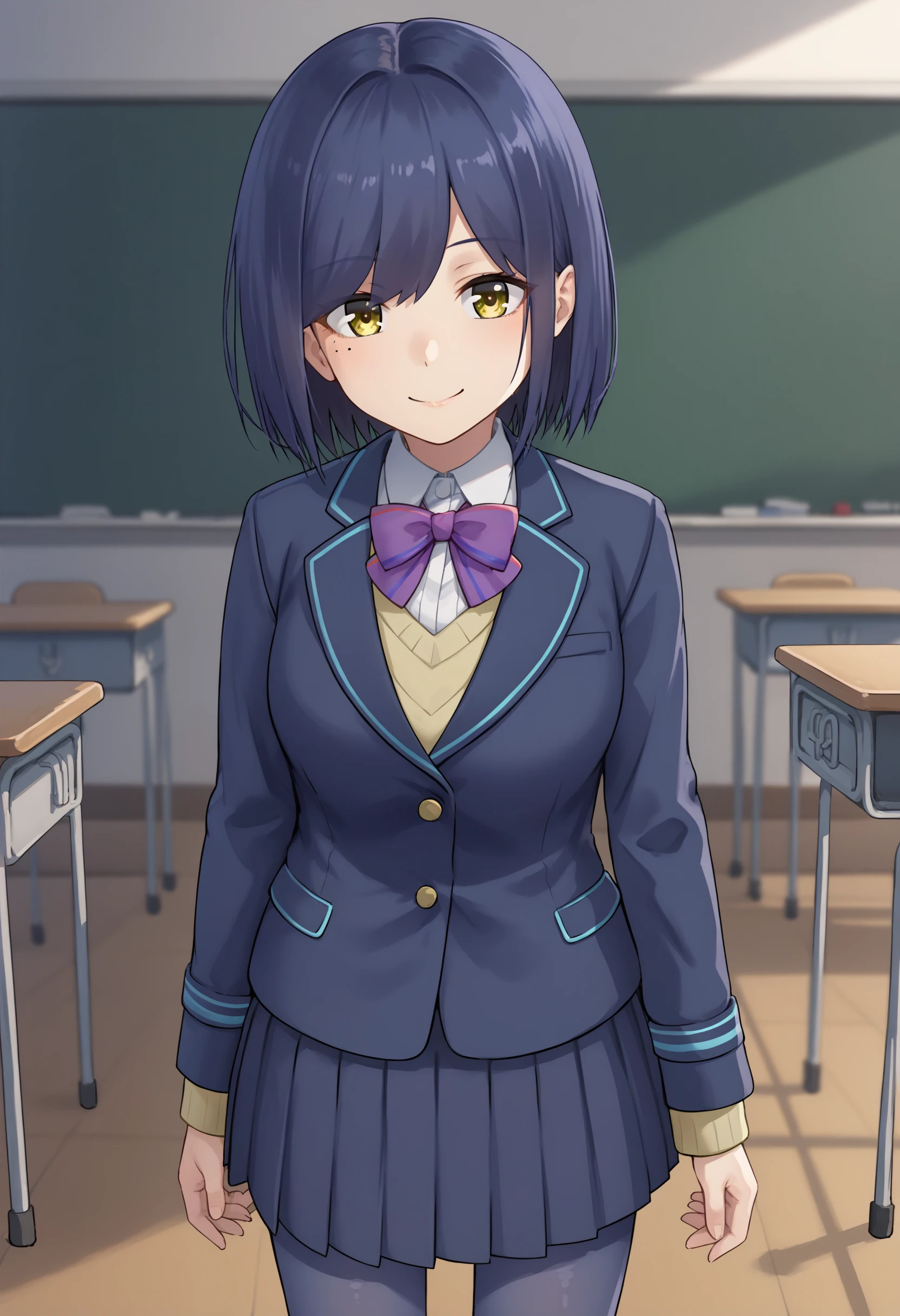 score_9, score_8_up, source_anime, 1girl, sr1, yellow eyes, blue hair, medium hair, mole under eye, purple bowtie, white shirt, sweater, blazer, blue jacket, long sleeves, pleated skirt, pantyhose, blue pantyhose, smile, classroom<lora:ShizukaRinXL-20:1>