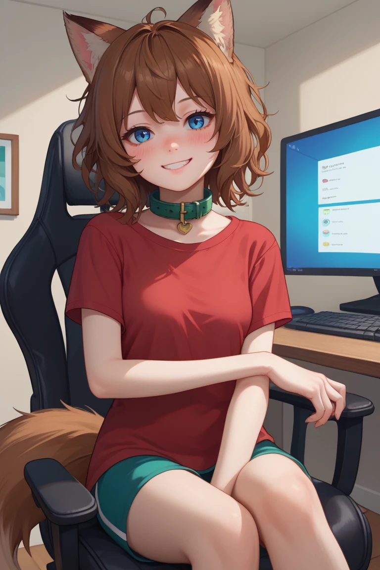 score_9, score_8_up, score_7_up, source_anime, anime coloring BREAK 1girl, solo, Millyfox, fox ears, animal ears, blue eyes, brown hair, messy hair, tail, collar,  short hair, short sleeves, <lora:MillyLora:0.8> looking at viewer, smile, blush,sitting, on chair, gamer chair, computer, indoors, bedroom, cowboy shot,