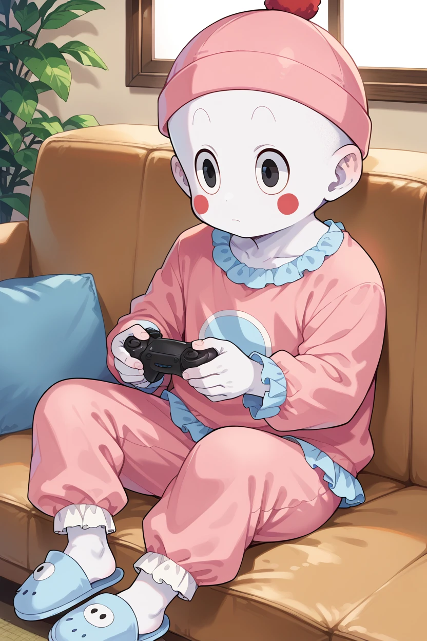 score_9, score_8_up, score_7_up,chaozu,1boy,solo,muscular male,chibi,white skin, black eyes,no nose, sitting, indoors, couch, holding gamepad, full body, looking ahead,on couch,pastel blue slippers,pink pajamas,pink top, long sleeves,pink hat, red pom pom \(clothes\), (from the side:0.6),blush stickers,frilled pajamas <lora:ChaozuPony:1>